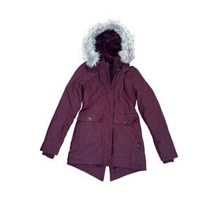Hollister Womens Maroon Parka Coat With Faux Fur Hood XXS